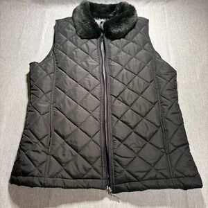 Laura Scott Black Quilted Vest with Faux Fur Collar